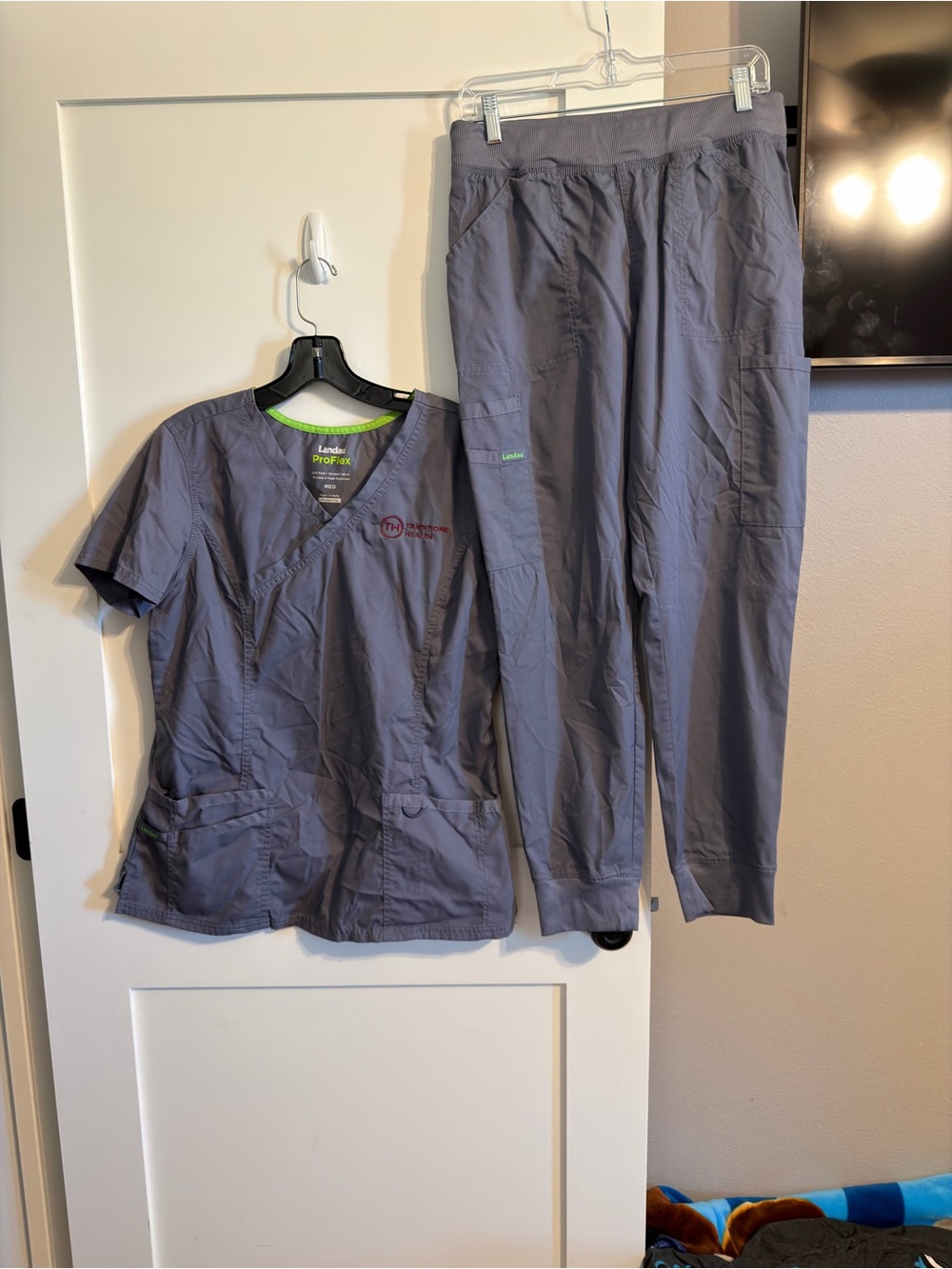 Landau Women's Gray Scrub Top & Jogger Pants with Green Trim
